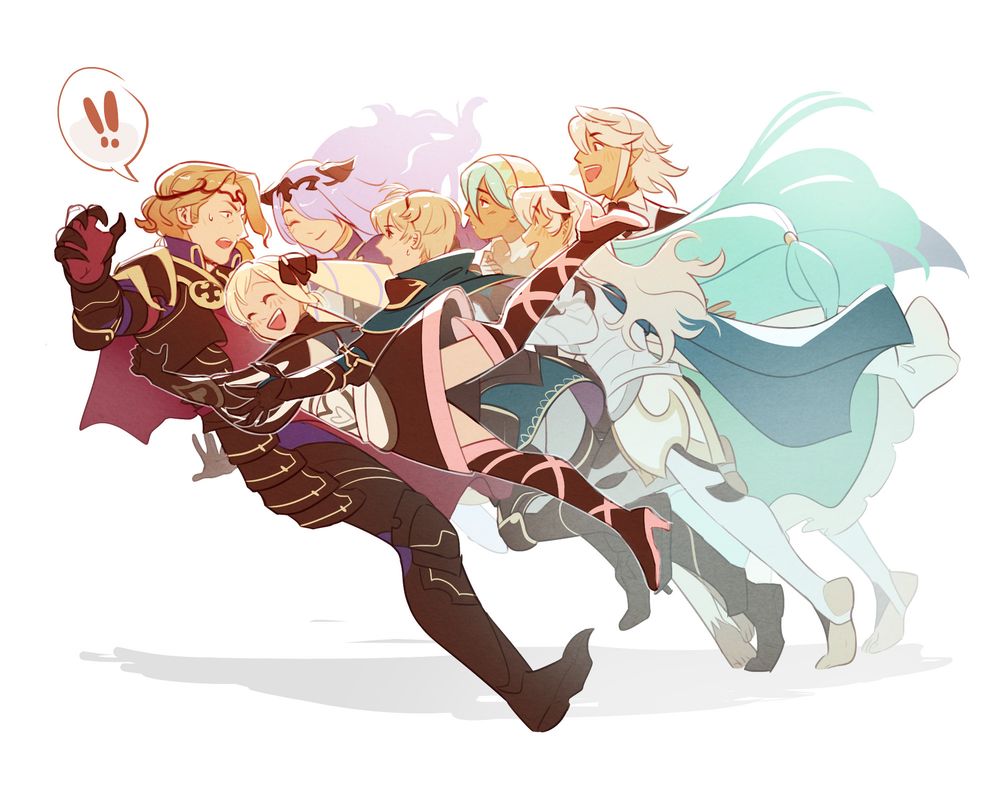 An illustration of characters from Fire Emblem Fates. Elise, Camilla, Leo, Azura, and both Corrins are rushing towards Xander to hug him. Xander appears to be taken off-guard, and the combined force of everyone rushing at him is causing him to fall over. His siblings appear unconcerned by this.