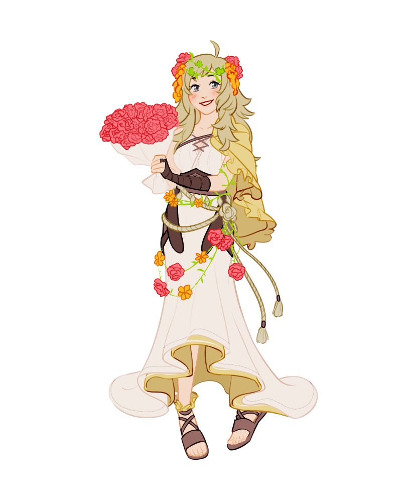An illustration featuring Ophelia from Fire Emblem Fates. She is dressed in an outfit for the Day of Devotion, in a long white dress with a yellow cape over one shoulder. She is holding a bouquet of bright pink flowers and smiling.