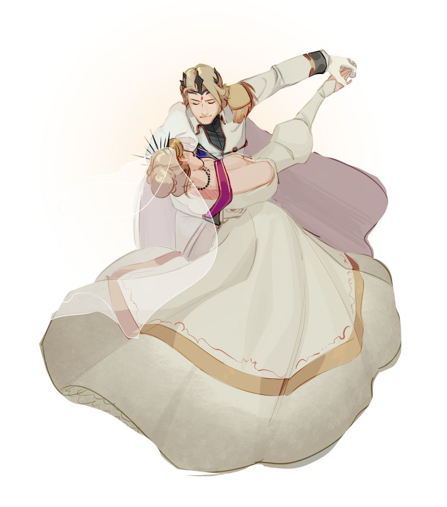 An illustration of Xander and the artist's OC dancing together. They are dressed in wedding outfits.
