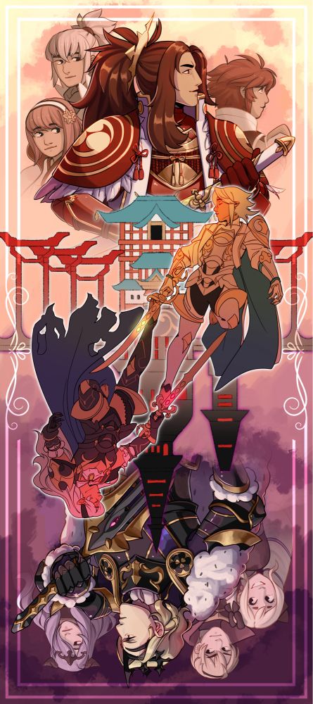 An illustration celebrating Fire Emblem Fates.  The composition is mirrored between the top half and the bottom half. On the top half, Ryoma is posed with his sword in front of a warm orange sky. Hinoka, Takumi, and Sakura appear behind him. On the bottom half, Xander wields his own sword with Camilla, Leo, and Elise posed behind him. Castle Shirasagi and Krakenburg loom in front. In the middle, as if free floating, are male and female Corrin.