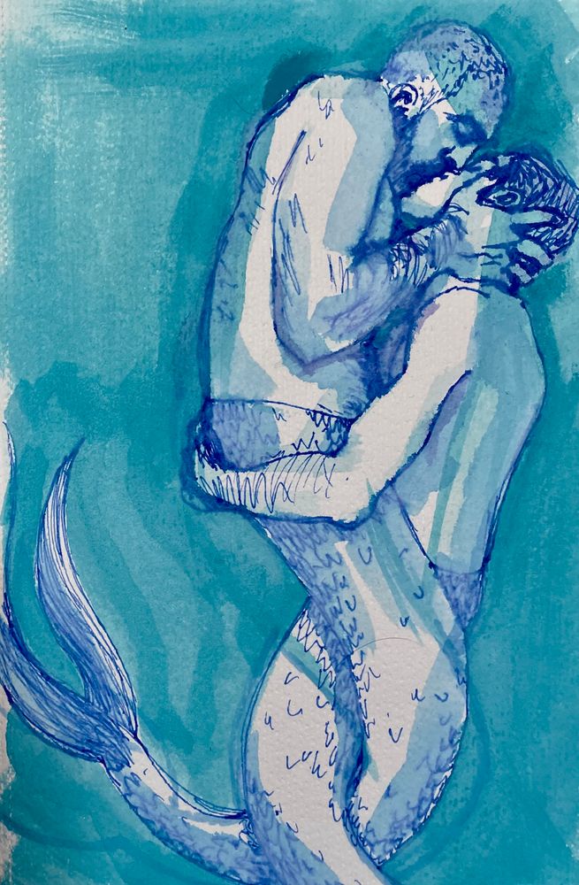 watercolor and pen drawing of two gay mermaids kissing
