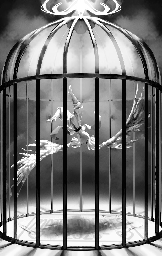 an illustration of a character falling in a birdcage with damaged/plucked wings
