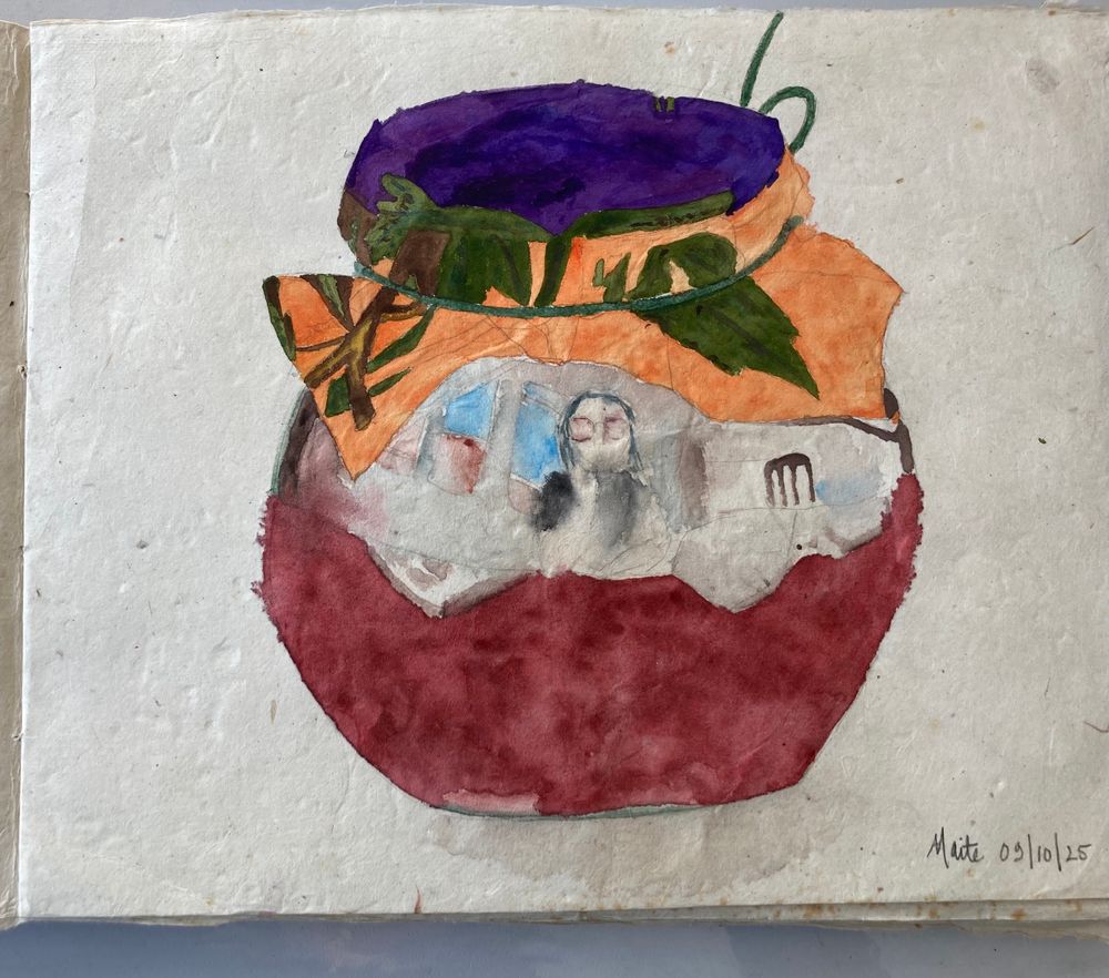 Watercolor of jar of apple preserves.