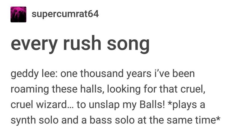 a tumblr post by supercumrat64

every rush song

geddy lee: one thousand years i've been roaming these halls, looking for that cruel, cruel wizard... to unslap my Balls! *plays a synth solo and a bass solo at the same time*