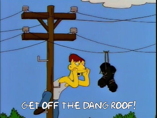 cletus the slack-jawed yokel on a telephone pole yelling "get off the dang roof"