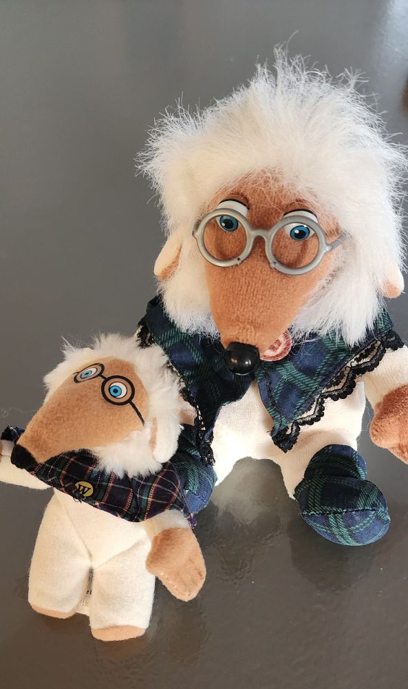 A small plush version of The Wombles character Great Uncle Bulgaria sitting in front of a larger Great Uncle Bulgaria plushie. They are sitting on a grey table.
