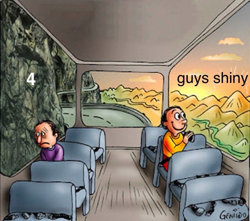 sad and happy guy on bus meme. sad guy on the left, with a worse view, with text referencing the pokemon box name in the post, "4". happy guy on the right, with a sunrise over golden mountains as a view, with text again referencing the more personal box name in the post, "guys shiny"