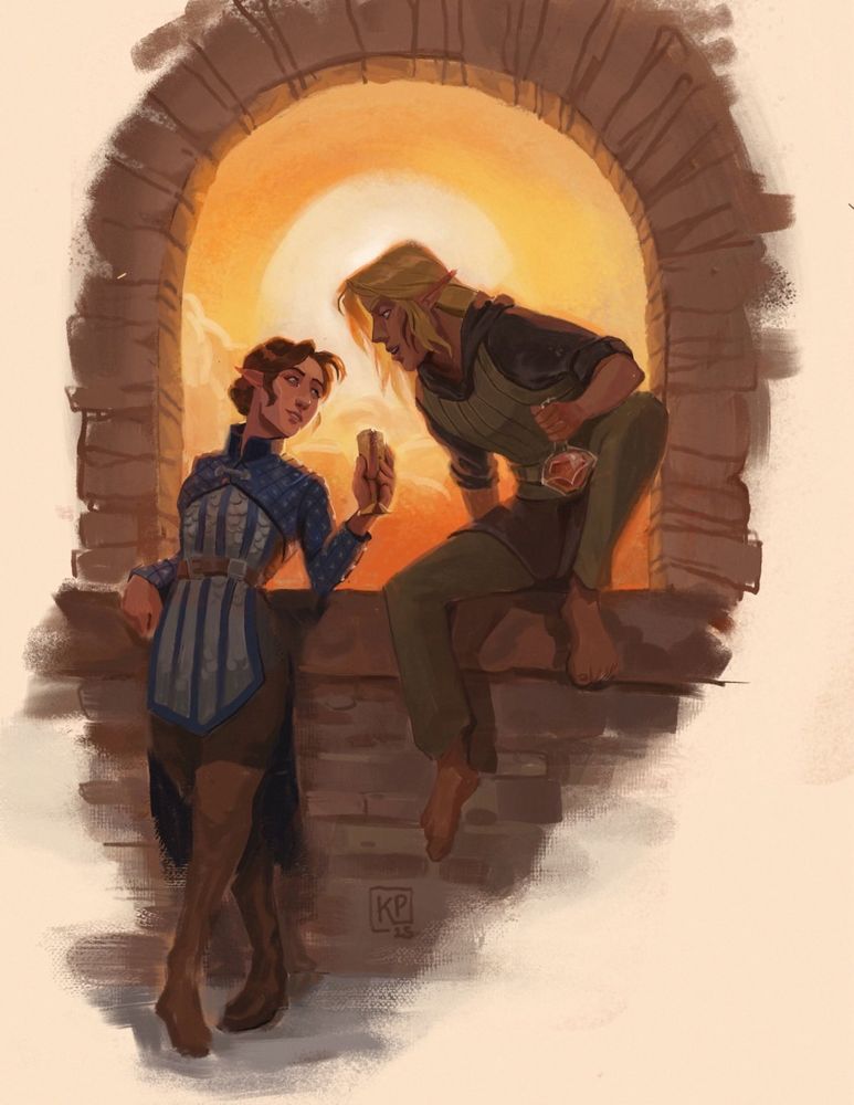 An pale, brownhaird elf woman in quilted blue and metal armor leans back on a stone window facing towards another brown skinned, blonde haired elf in neutral greens and blacks sitting on the window sill. They are backlit by the setting sun