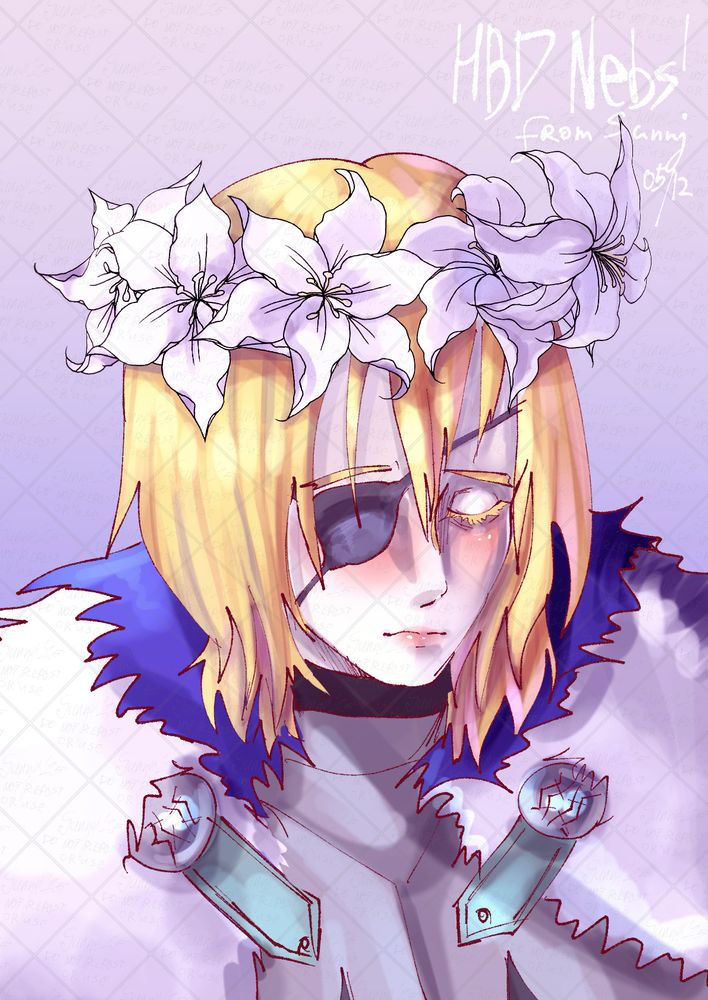 A digital illustration of Dimitri from Fire Emblem Three Houses post-timeskip. He has a flower crown of lilies on his head and looks peaceful, his eye closed. He is wearing his Great Lord armor.
