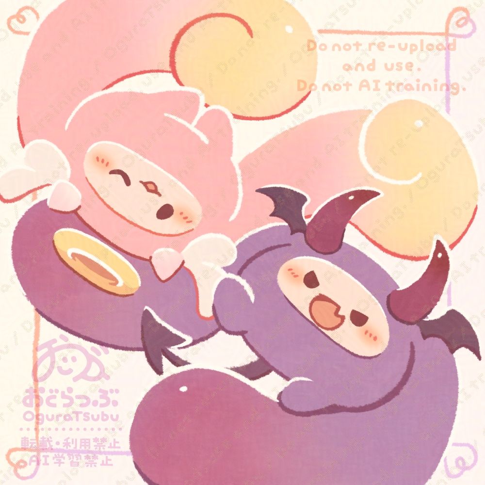 オリジナルキャラクター「みみたれ」が2パターンおり、それぞれが天使と悪魔モチーフの装飾をつけているイラストです。