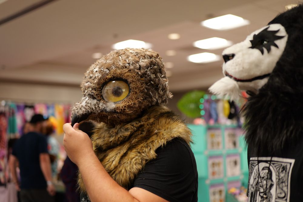 A picture of an avian themed fursuit made with feathers.