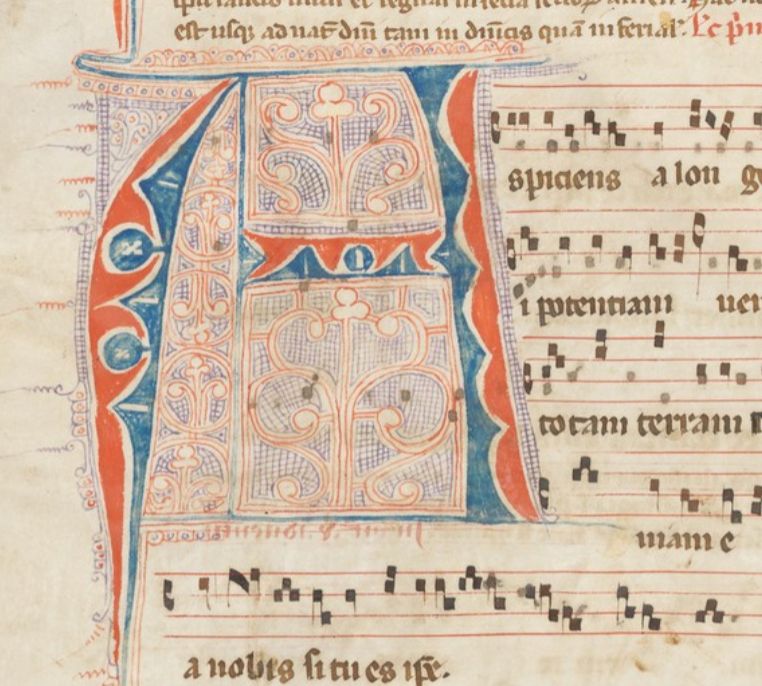 Opening responsory for Matins of Advent , on folio 4v of Fribourg Couvent des Cordeliers, Ms. 2 https://www.e-codices.unifr.ch/en/fcc/0002/4v . It's a big A in red and blue with lots of fun swirlies.