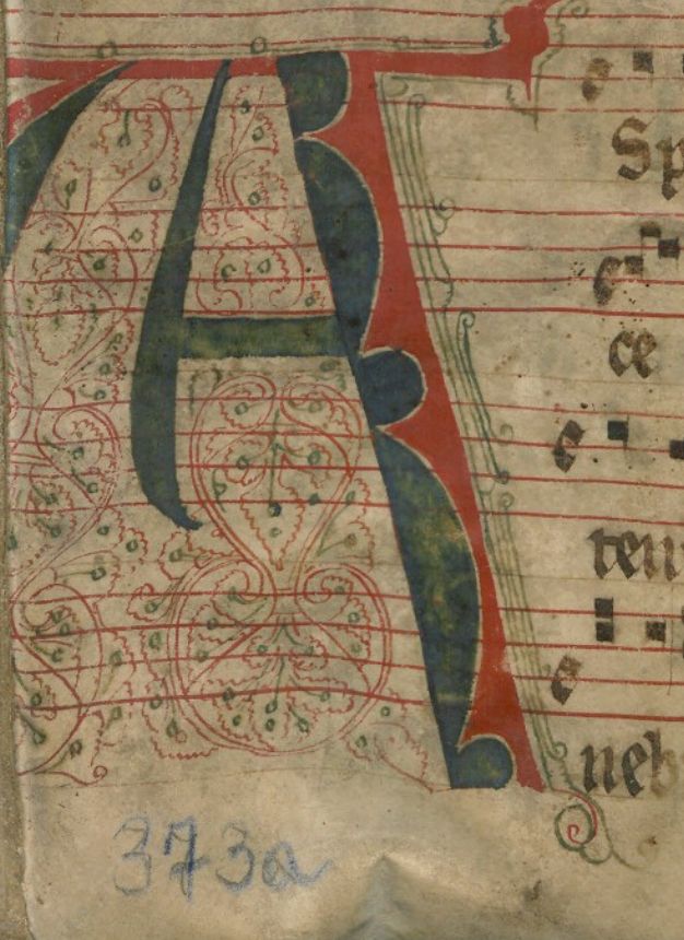a 13th century antiphonal fragment now in Stuttgart. https://fragmentarium.ms/overview/F-2cud . the left half of the A for Aspiciens is mostly cut off, because the letter is so wide--it's kind of "a longe"-ated.