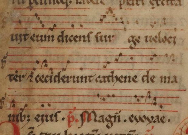 Antiphon for Saint Peter from a fragmented antiphoner from Northern France, now at the BnF. https://fragmentarium.ms/view/page/F-6dhw/3153/34525