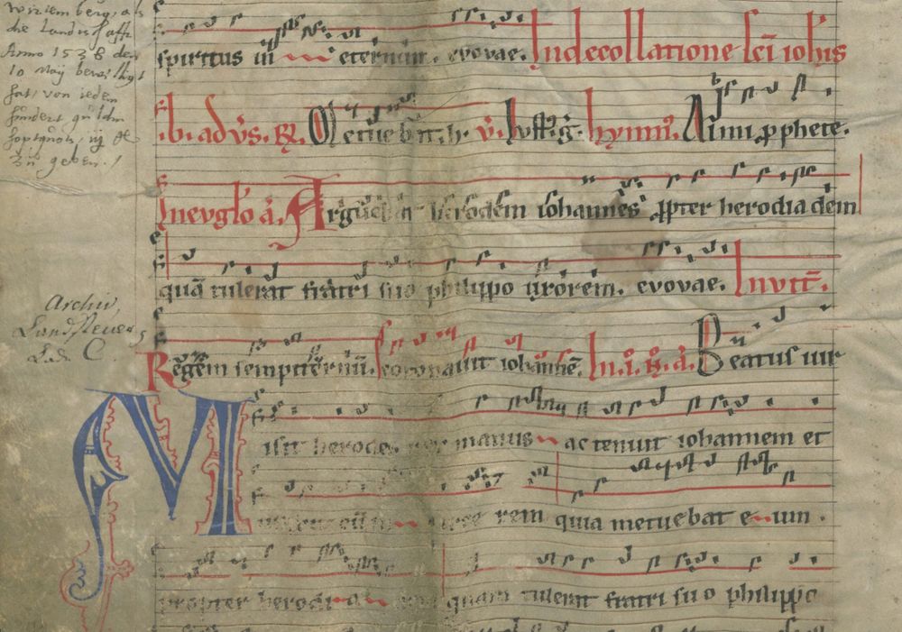 page from an antiphoner used in a binding, with chants for late-August feasts on it. Now in Stuttgart.