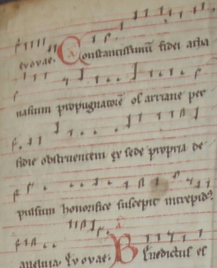 The chant "Constantissimum fidei" for Saint Maximin, this time with musical notation on a red, four-line staff.
