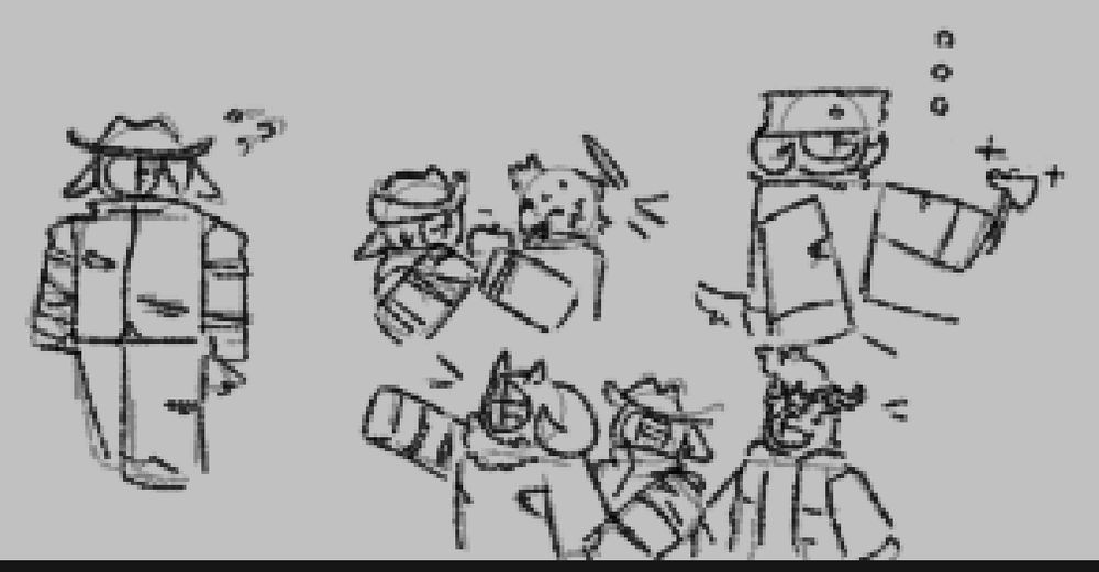 doodles of the remnant trio! (me, Nathan and Ace)

one is  a simple standing Luna. second is her being given an apple by Water. third is Nathan leading charge with Luna clutching onto his hand, Ace follows behind happily. fourth is Nathan like that one Patrick from spongebob, image of him having a plank  stuck to his head and holding a hammer