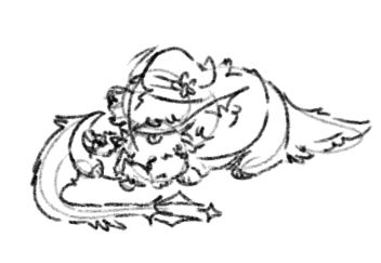 Fat plump looking creatures of twos and Azure huddled up. Azure is gently licking a sad Twos' head