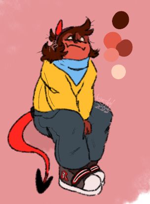 Coolkidd again but not in his more frequent and causal form. His colors are much lighter, looking similar to actual light skin color, he has a mask marking on his face that's just a bit darker. His hands are dark red and the fingers even darker, underside of hands are light. His hair is a dark mix of sight orange and red.

He wears a headband with red horns on it and a tail to match with the tip being black. His bandana is a lightish blue. Very yellow sweater and dark grey blueish pants. Shoes are dark and has the Roblox logo on it