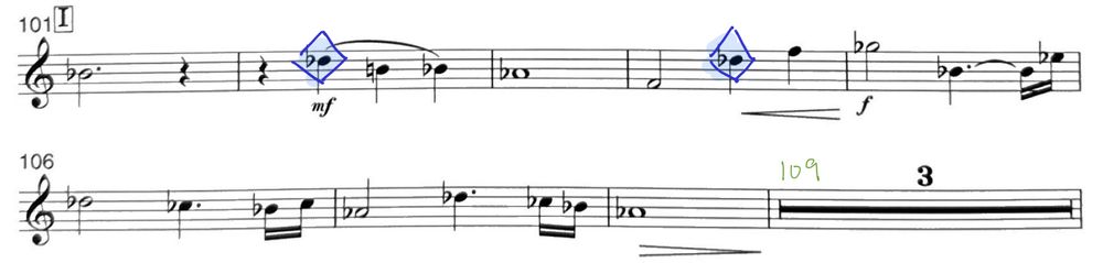 A fragment of music with two notes marked using diamond shapes