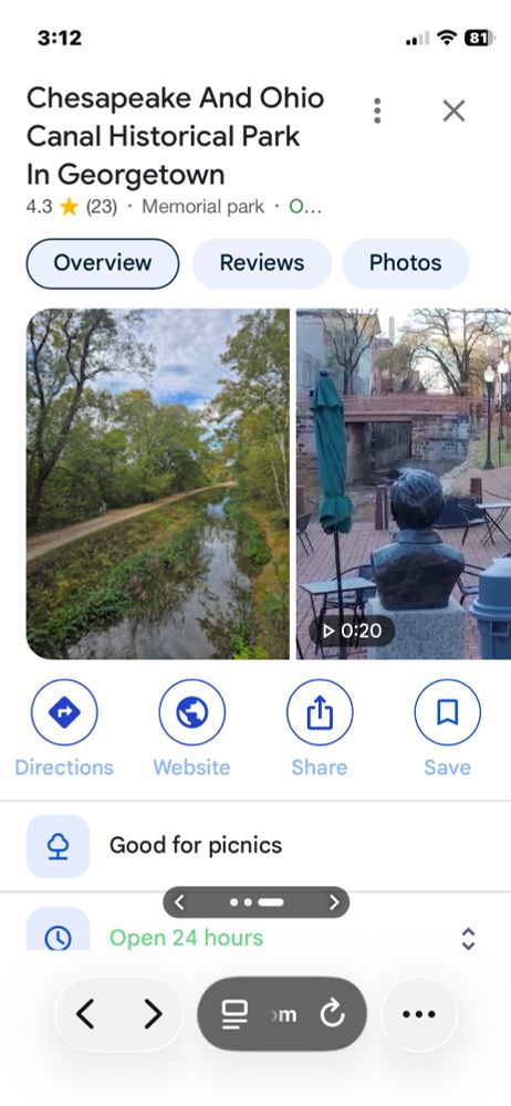 C&O Canal has an old towpath that’s good for walking and running outside. 