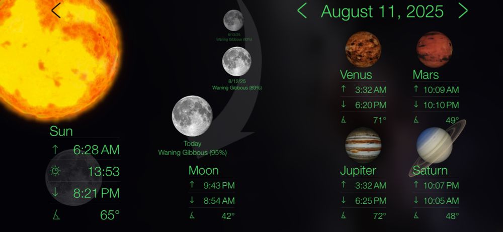 Screenshot from Star Walk app, demonstrating that only 4 planets, Luna, and Sol, are visible tonight. 