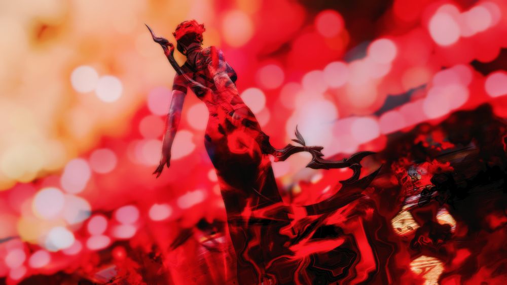 a screenshot of bronze amid a circle of blood and darkness.  she is facing away, arms stretched behind her.