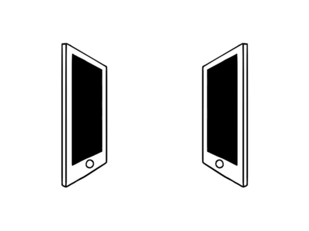 a black and white drawing of two hands shaking each other through a cell phone screen .