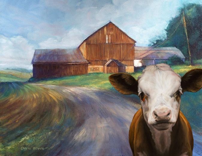 Overlay of Joe Coffey's "2 am" painting of a cow looking into a camera in the foreground, onto Crystal Beshara's "Illumination" painting of a pastoral barn house in background.