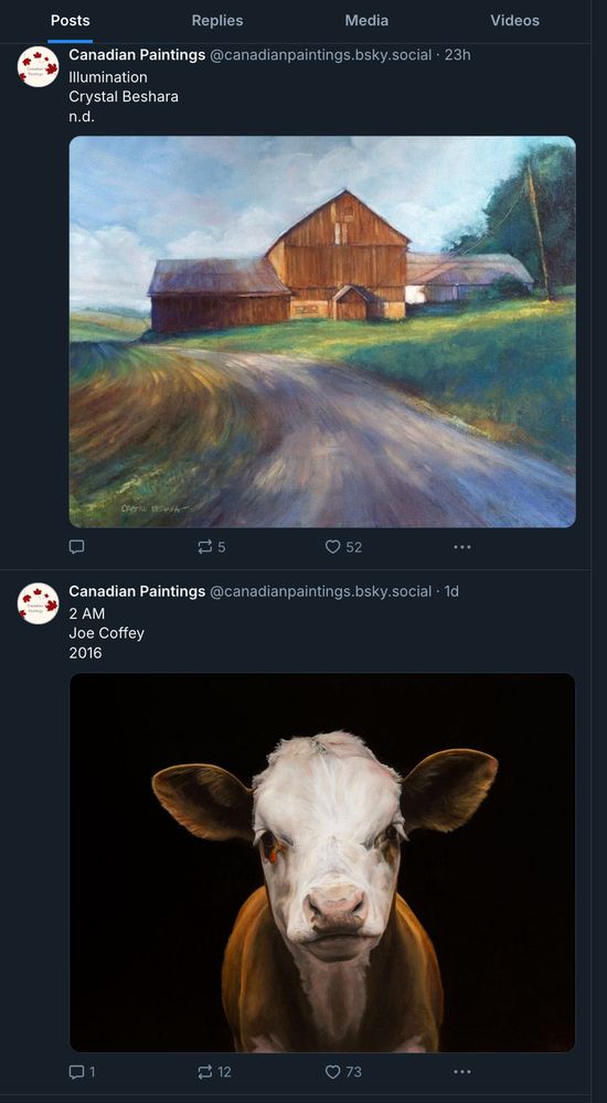 screenshot of two bluesky posts from Canadian Paintings, one of a cow, the other of a barn. 