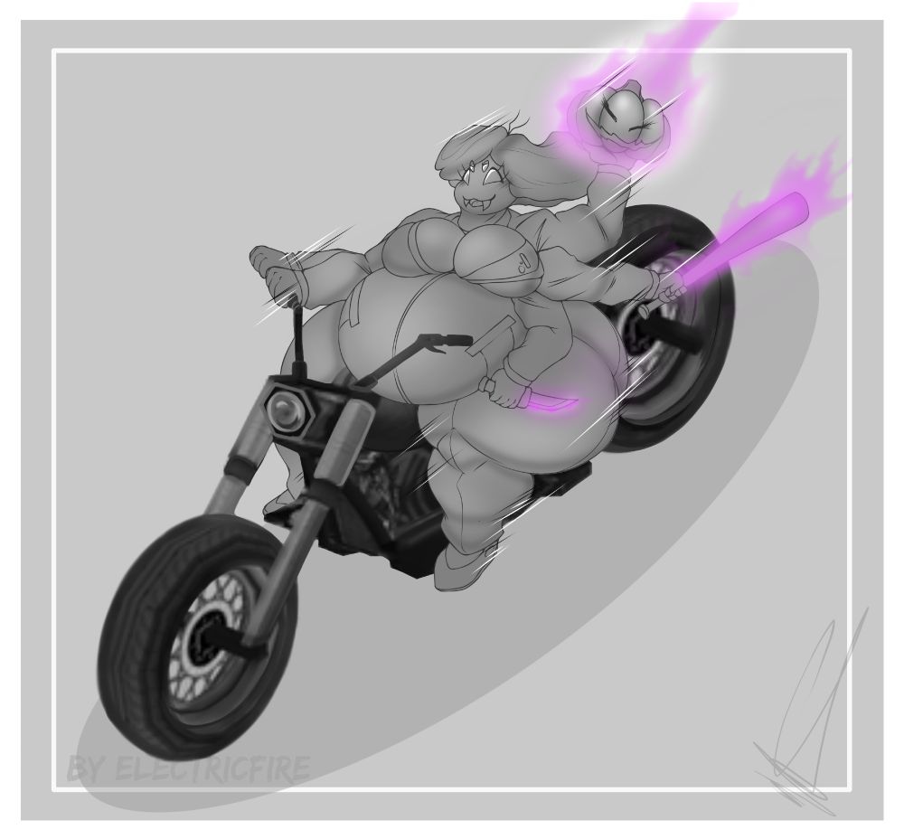 A Chubby Anthropomorphic spider is riding a motorcycle, holding a flaming pumpkin, knife, and a baseball bat.