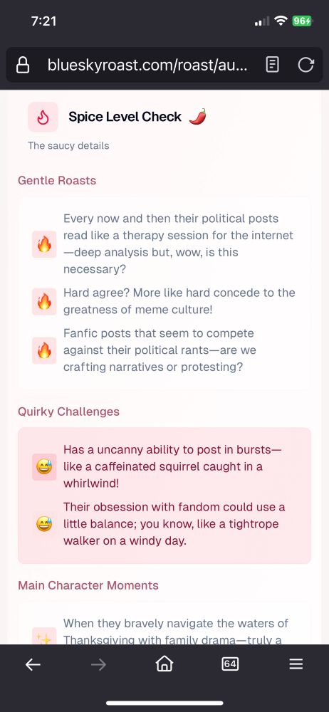 This AI site Blueskyroast.com analyzes my “spice” meter, noting I have “a [sic] uncanny ability to post in bursts”