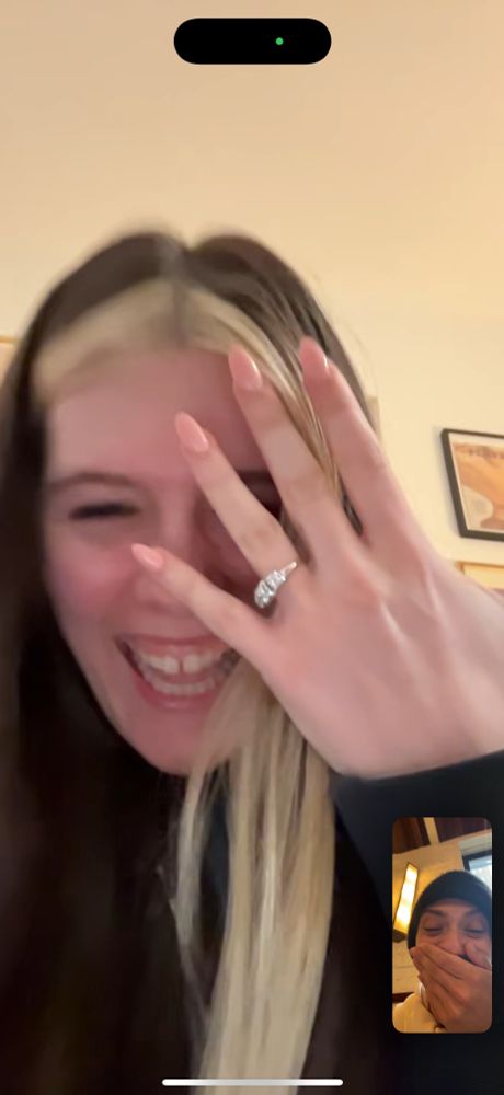 facetime screenshot of kat tenbarge showing me her engagement ring, we are both shocked and happy!