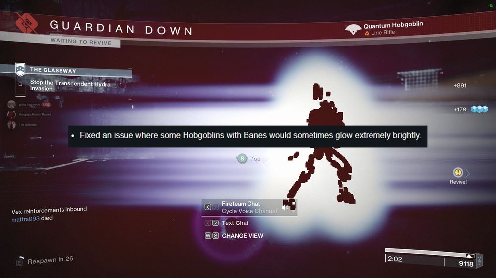 a death screen in destiny 2 where the silhouette of a hobgoblin is surrounded by a bright, white light flashing across the entire screen, eliminating the ability to see anything else with the patch note layered above this saying "Fixed an issue where some Hobgoblins with Banes would sometimes glow extremely brightly."