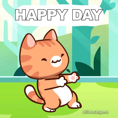 a cartoon of a cat with the words happy day behind it