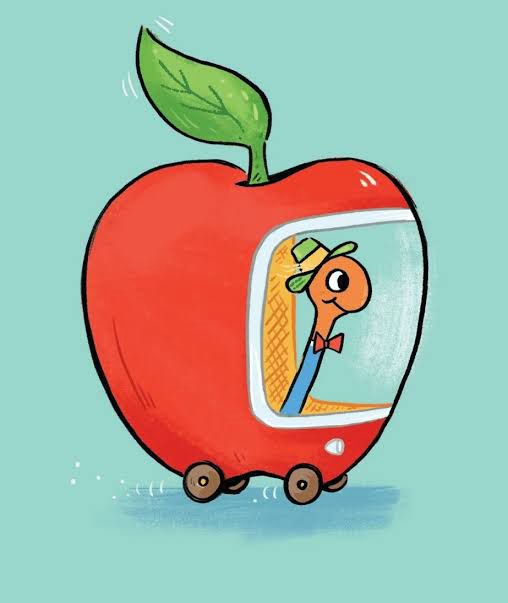 Dapper worm driving a car that is an apple 