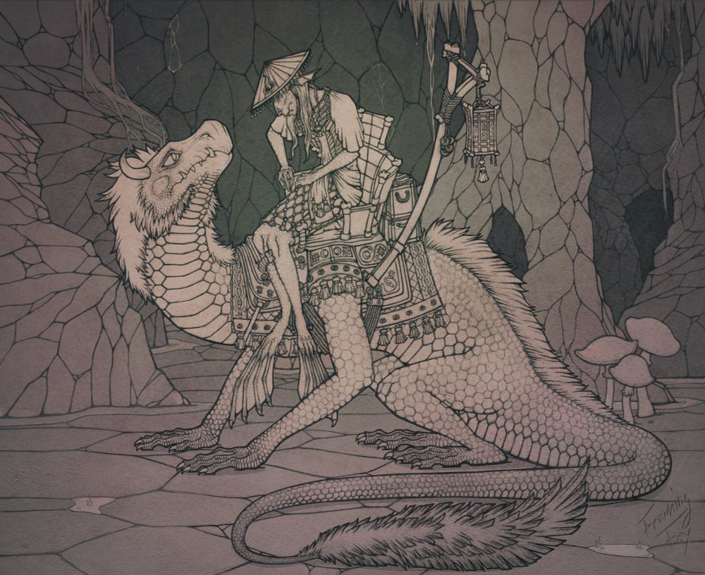 A large lizard with a feathery crest and tail tuft sits in the middle of a cave. A rider sits on an elaborate saddle on its back. 
The rider is a monsterous elf with a muzzle and fangs, his thighs are fused down to the knees after which they split into two legs with fins instead of feet. He is wearing layers of fancy clothing and a hat inspired by asian conical hats. small beads dangle from the edg of his hat. He is leaned forwards in his saddle, with a strained expression on his face. the lizard looks back at him with an expression of worry.
A lantern hangs off a bone pole off the back of the saddle.

There is a small group of mushrooms in the background, and a few puddles. water is seeping in through the cave wall, and pours down the cliffs.
The entire drawing is line art with an orange-red tint, that fades into an almost yellow green at the center.