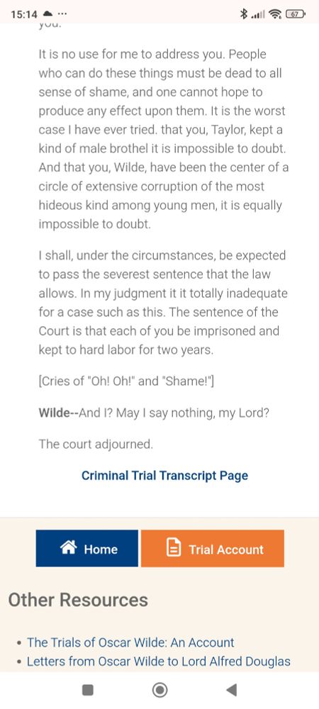 Sentencing remarks of Mr Justice Wills when he sentenced Oscar Wilde and Alfred Taylor two years' hard labour. (page 2)