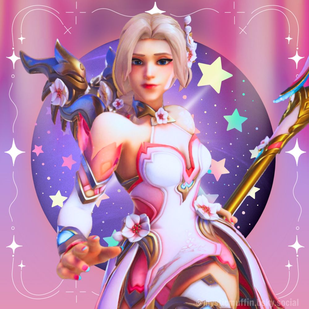 sakura mercy reaching out on a pink background with a purple circle behind her and a swirly star frame