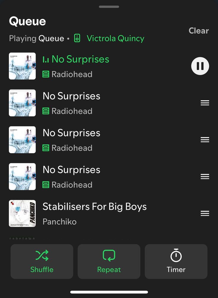 a spoitfy queue that's just No Suprises on repeat four times