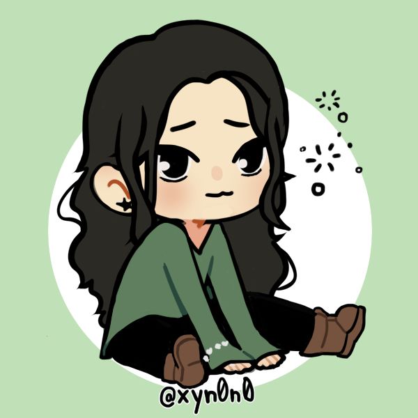 a cute lil fem character with long black hair, an oversized moss-green shirt, black sweatpants and workboots. she's in front of a light green background sitting with her legs straight and arms between them to balance herself.