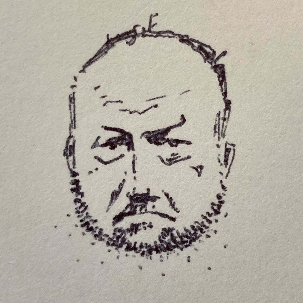 a small pen and ink sketch of a dour Alex Jones done with minimal lines, suggesting an assembly (or disassembly) of dots along the margin of his unkempt beard