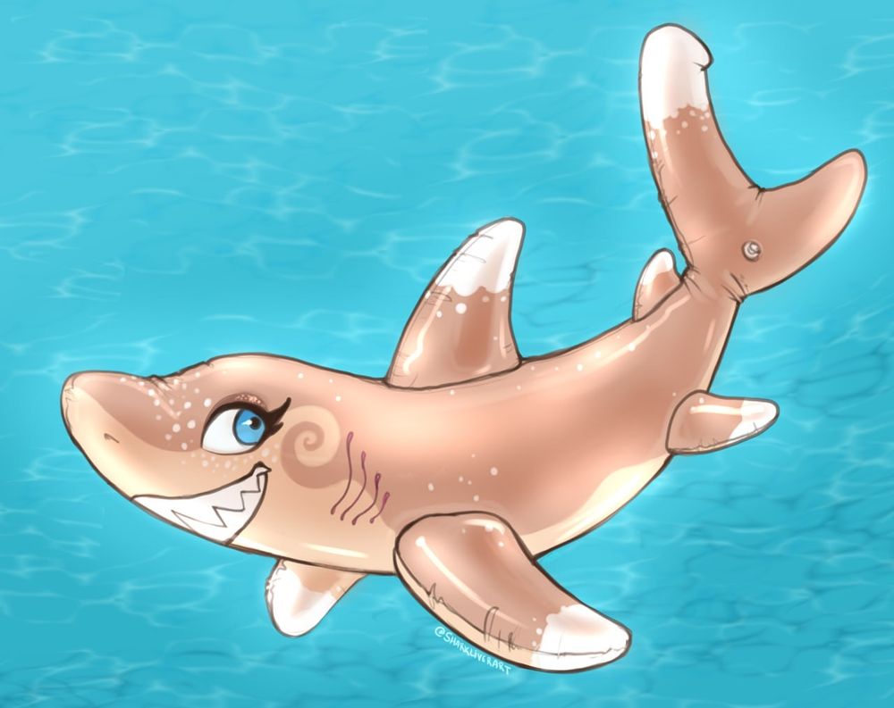 Drawing of Sendemi the shark as a pool toy. Shiny shades of tan against a blue watery background