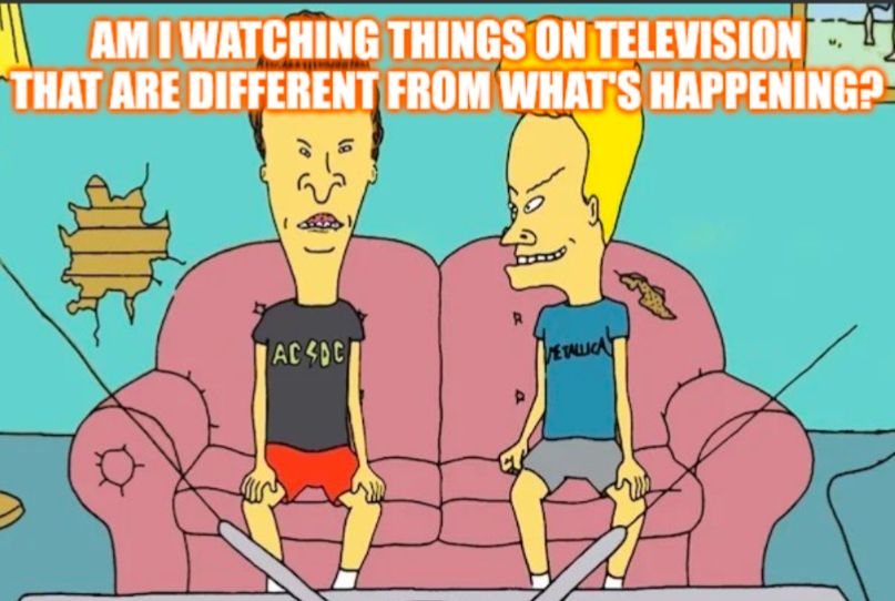 Screenshot from Beavis and Butthead. They are sitting on a pink couch against a blue wall, watching a television. White text above them reads, An I watching things on reflection that are different from what's happening? 