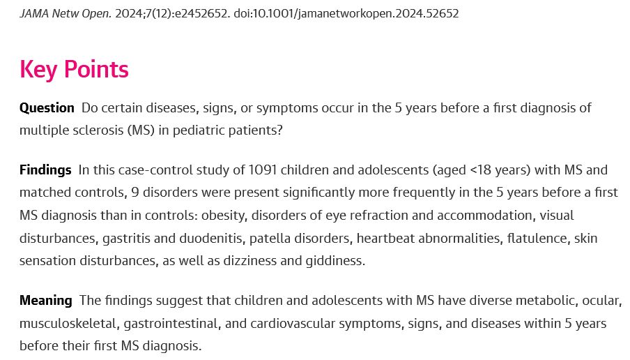Screenshot zu key points der Studie "Symptoms Prior to Diagnosis of Multiple Sclerosis in Individuals Younger Than 18 Years" veröffentlicht in JAMA Network Open am 27.12.24 (doi: 10.1001/jamanetworkopen.2024.52652)
