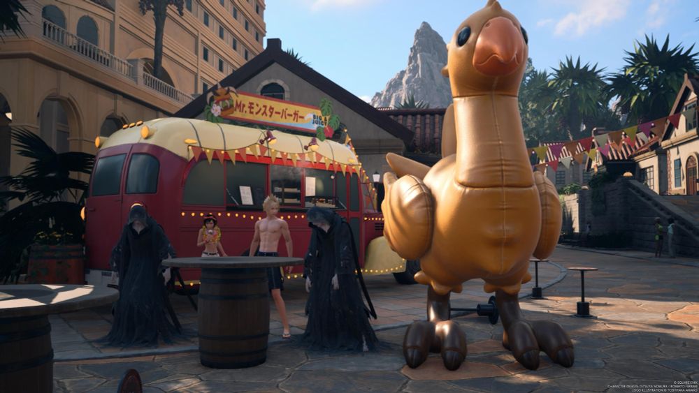 Beachwear Cloud, two robed guys, bikini yuffie, and a giant inflatable chocobo chillin by an outdoor drink van at the beach in ff7 rebirth; this picture was not easy to get