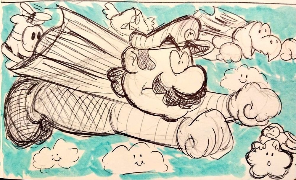 Mario flying through the skies in his Cape form alongside some other enemies on the background