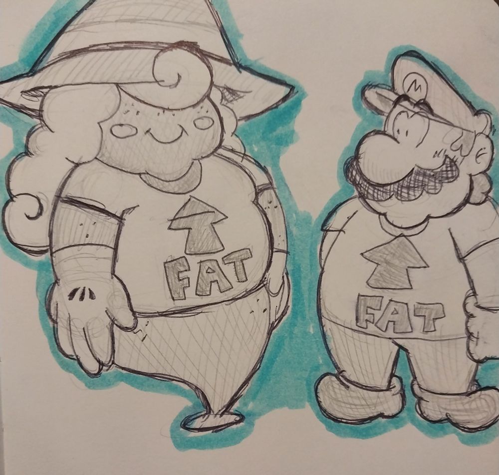 Mario and Vivian wearing T-shirts that say "Fat"