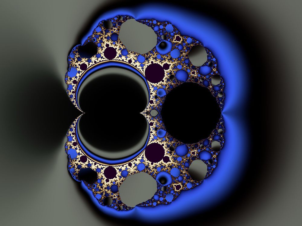 Similar fractal Self similar with horizontal symmetry in this case more shaded coloring gray background blue representing middle values then cream colored to highlight the edges of the set, and then black representing the fractal itself