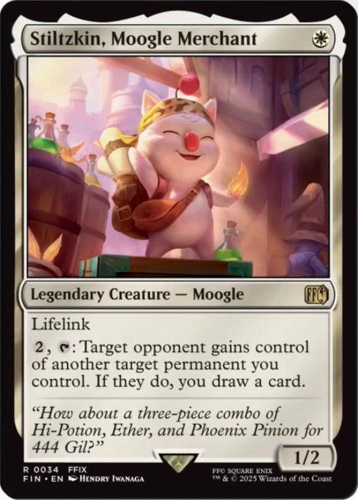 A magic the gathering card featuring the character Stiltzkin, who is a moogle travelling merchant.